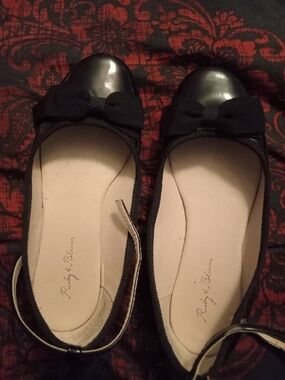 Black Bow Cap-Toe Kids Ballet Flats with Ankle Strap